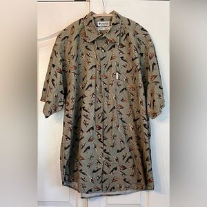 COLUMBIA MENS SHIRT, OLIVE GREEN, FLY FISHING PRINT, size XL